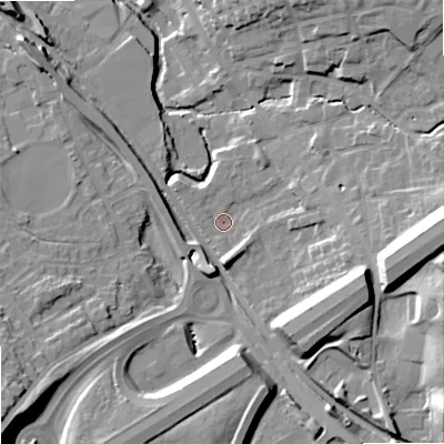 Shaded relief map of the ground around OL164YD, computed from Environment Agency LiDAR. The ground here sits at about 149 m above sea level and falls 24 m across the surrounding 800 m. Surface water reaching this point runs off ground lying to the east, 17.6 m higher.