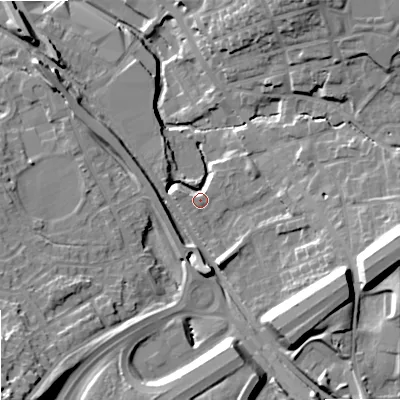 Shaded relief map of the ground around OL164YE, computed from Environment Agency LiDAR. The ground here sits at about 150 m above sea level and falls 25 m across the surrounding 800 m. Surface water reaching this point runs off ground lying to the south-west, 21.1 m higher.