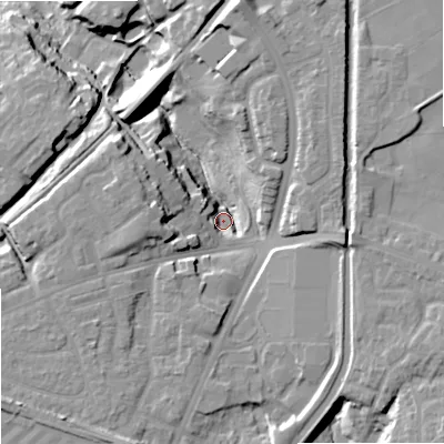 Shaded relief map of the ground around OL165AN, computed from Environment Agency LiDAR. The ground here sits at about 136 m above sea level and falls 22 m across the surrounding 800 m. Surface water reaching this point runs off ground lying to the north, 17.1 m higher.