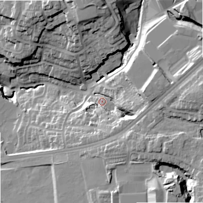 Shaded relief map of the ground around OL25WB, computed from Environment Agency LiDAR. The ground here sits at about 144 m above sea level and falls 42 m across the surrounding 800 m. Surface water reaching this point runs off ground lying to the east-north-east, 19.6 m higher.