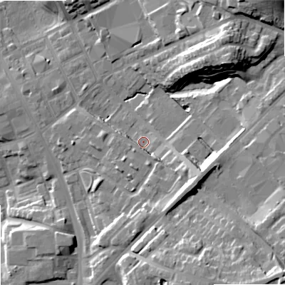 Shaded relief map of the ground around OL26DS, computed from Environment Agency LiDAR. The ground here sits at about 158 m above sea level and falls 25 m across the surrounding 800 m. Surface water reaching this point runs off ground lying to the south-east, 13.5 m higher.
