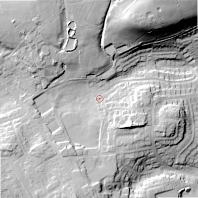 Shaded relief map of the ground around OL27PS, computed from Environment Agency LiDAR. The ground here sits at about 205 m above sea level and falls 51 m across the surrounding 800 m. Surface water reaching this point runs off ground lying to the south-east, 13.8 m higher.