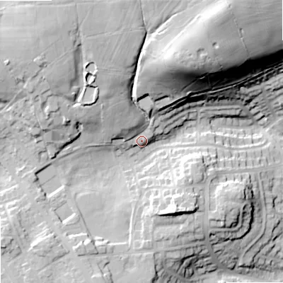 Shaded relief map of the ground around OL27PT, computed from Environment Agency LiDAR. The ground here sits at about 207 m above sea level and falls 57 m across the surrounding 800 m. Surface water reaching this point runs off ground lying to the north-north-east, 40.8 m higher.