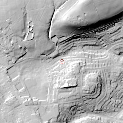 Shaded relief map of the ground around OL27PU, computed from Environment Agency LiDAR. The ground here sits at about 205 m above sea level and falls 57 m across the surrounding 800 m. Surface water reaching this point runs off ground lying to the north-north-east, 43.8 m higher.