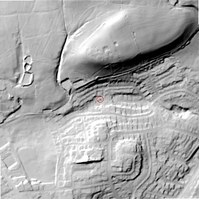 Shaded relief map of the ground around OL27PY, computed from Environment Agency LiDAR. The ground here sits at about 202 m above sea level and falls 63 m across the surrounding 800 m. Surface water reaching this point runs off ground lying to the north-north-east, 47.5 m higher.