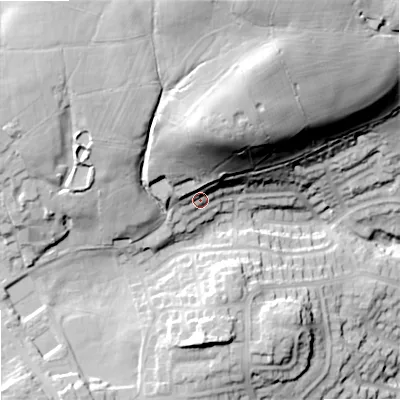 Shaded relief map of the ground around OL27PZ, computed from Environment Agency LiDAR. The ground here sits at about 209 m above sea level and falls 64 m across the surrounding 800 m. Surface water reaching this point runs off ground lying to the north, 33.5 m higher.