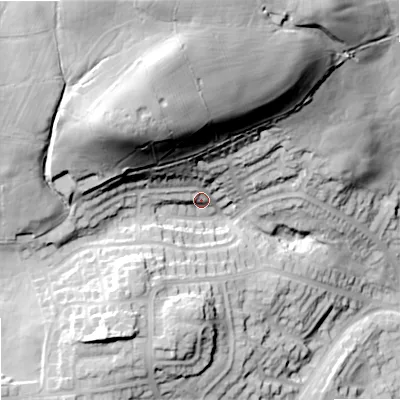 Shaded relief map of the ground around OL27QA, computed from Environment Agency LiDAR. The ground here sits at about 201 m above sea level and falls 70 m across the surrounding 800 m. Surface water reaching this point runs off ground lying to the north-north-west, 48.8 m higher.