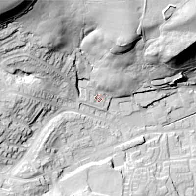 Shaded relief map of the ground around OL27QE, computed from Environment Agency LiDAR. The ground here sits at about 182 m above sea level and falls 67 m across the surrounding 800 m. Surface water reaching this point runs off ground lying to the north-north-east, 11.2 m higher.