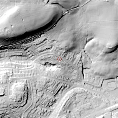 Shaded relief map of the ground around OL27QF, computed from Environment Agency LiDAR. The ground here sits at about 200 m above sea level and falls 73 m across the surrounding 800 m. Surface water reaching this point runs off ground lying to the north-north-west, 47.3 m higher.