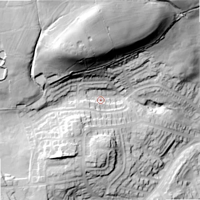 Shaded relief map of the ground around OL27QQ, computed from Environment Agency LiDAR. The ground here sits at about 199 m above sea level and falls 66 m across the surrounding 800 m. Surface water reaching this point runs off ground lying to the north, 50.9 m higher.