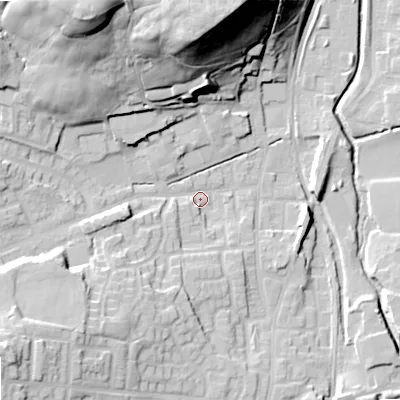 Shaded relief map of the ground around OL27TY, computed from Environment Agency LiDAR. The ground here sits at about 174 m above sea level and falls 47 m across the surrounding 800 m. Surface water reaching this point runs off ground lying to the north-north-west, 38.1 m higher.