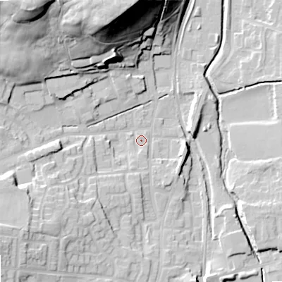 Shaded relief map of the ground around OL27UA, computed from Environment Agency LiDAR. The ground here sits at about 173 m above sea level and falls 46 m across the surrounding 800 m. Surface water reaching this point runs off ground lying to the south-south-west, 2.5 m higher.