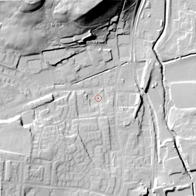 Shaded relief map of the ground around OL27UB, computed from Environment Agency LiDAR. The ground here sits at about 173 m above sea level and falls 46 m across the surrounding 800 m. Surface water reaching this point runs off ground lying to the south-west, 8.8 m higher.
