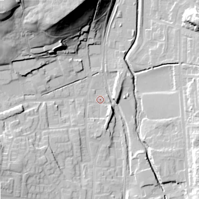 Shaded relief map of the ground around OL27UE, computed from Environment Agency LiDAR. The ground here sits at about 172 m above sea level and falls 47 m across the surrounding 800 m. Surface water reaching this point runs off ground lying to the south-west, 13.9 m higher.