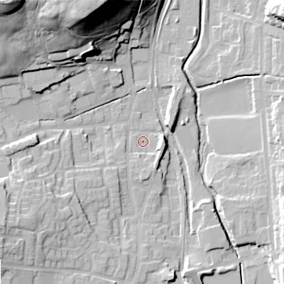 Shaded relief map of the ground around OL27UF, computed from Environment Agency LiDAR. The ground here sits at about 172 m above sea level and falls 45 m across the surrounding 800 m. Surface water reaching this point runs off ground lying to the south-west, 8.1 m higher.