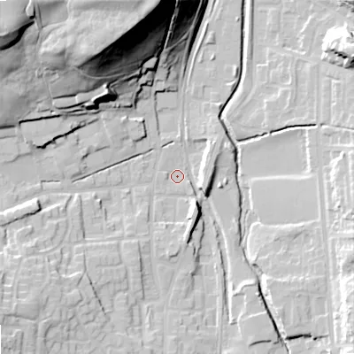 Shaded relief map of the ground around OL27UG, computed from Environment Agency LiDAR. The ground here sits at about 172 m above sea level and falls 49 m across the surrounding 800 m. Surface water reaching this point runs off ground lying to the south-west, 13.9 m higher.