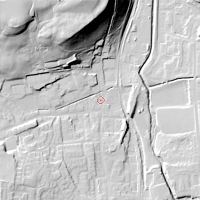 Shaded relief map of the ground around OL27UH, computed from Environment Agency LiDAR. The ground here sits at about 172 m above sea level and falls 52 m across the surrounding 800 m. Surface water reaching this point runs off ground lying to the north-west, 41.9 m higher.