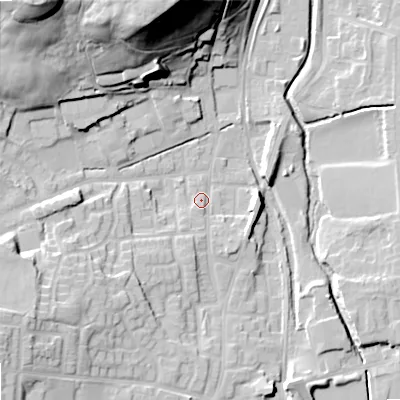 Shaded relief map of the ground around OL27UQ, computed from Environment Agency LiDAR. The ground here sits at about 174 m above sea level and falls 45 m across the surrounding 800 m. Surface water reaching this point runs off ground lying to the south-south-west, 2.1 m higher.
