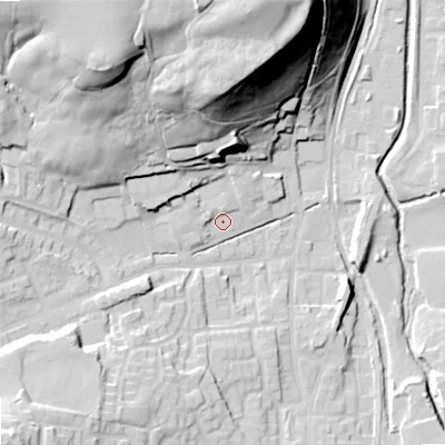 Shaded relief map of the ground around OL27UT, computed from Environment Agency LiDAR. The ground here sits at about 175 m above sea level and falls 53 m across the surrounding 800 m. Surface water reaching this point runs off ground lying to the west-north-west, 2.8 m higher.