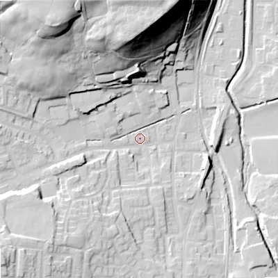 Shaded relief map of the ground around OL27XA, computed from Environment Agency LiDAR. The ground here sits at about 174 m above sea level and falls 49 m across the surrounding 800 m. Surface water reaching this point runs off ground lying to the north-north-west, 39.7 m higher.