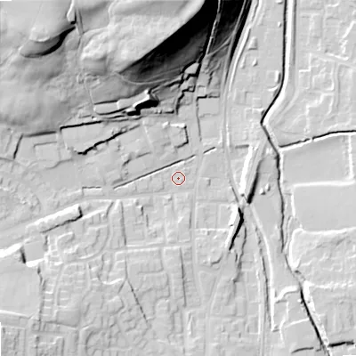 Shaded relief map of the ground around OL27XB, computed from Environment Agency LiDAR. The ground here sits at about 173 m above sea level and falls 50 m across the surrounding 800 m. Surface water reaching this point runs off ground lying to the north-west, 40.7 m higher.
