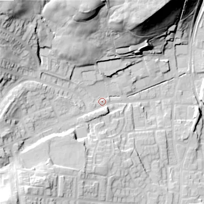 Shaded relief map of the ground around OL27XE, computed from Environment Agency LiDAR. The ground here sits at about 177 m above sea level and falls 45 m across the surrounding 800 m. Surface water reaching this point runs off ground lying to the north-west, 32.3 m higher.