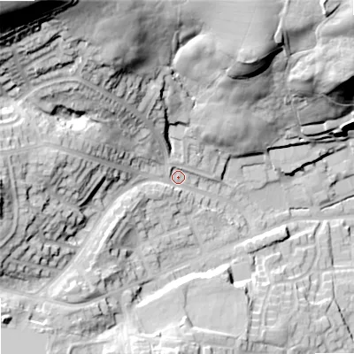 Shaded relief map of the ground around OL27YL, computed from Environment Agency LiDAR. The ground here sits at about 182 m above sea level and falls 65 m across the surrounding 800 m. Surface water reaching this point runs off ground lying to the west, 26.0 m higher.