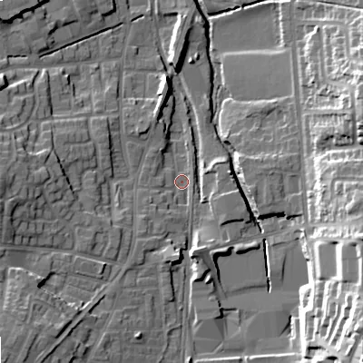 Shaded relief map of the ground around OL28BB, computed from Environment Agency LiDAR. The ground here sits at about 172 m above sea level and falls 29 m across the surrounding 800 m. Surface water reaching this point runs off ground lying to the south, 6.2 m higher.