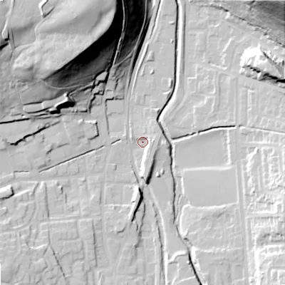 Shaded relief map of the ground around OL28BG, computed from Environment Agency LiDAR. The ground here sits at about 171 m above sea level and falls 56 m across the surrounding 800 m. Surface water reaching this point runs off ground lying to the south-west, 13.9 m higher.