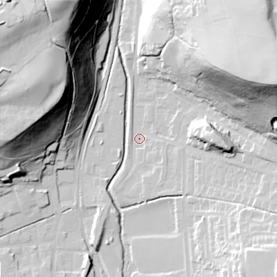 Shaded relief map of the ground around OL28BH, computed from Environment Agency LiDAR. The ground here sits at about 170 m above sea level and falls 73 m across the surrounding 800 m. Surface water reaching this point runs off ground lying to the east-north-east, 67.6 m higher.