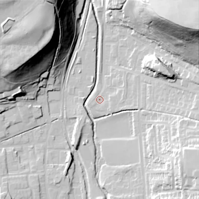 Shaded relief map of the ground around OL28BJ, computed from Environment Agency LiDAR. The ground here sits at about 172 m above sea level and falls 67 m across the surrounding 800 m. Surface water reaching this point runs off ground lying to the east-south-east, 2.8 m higher.