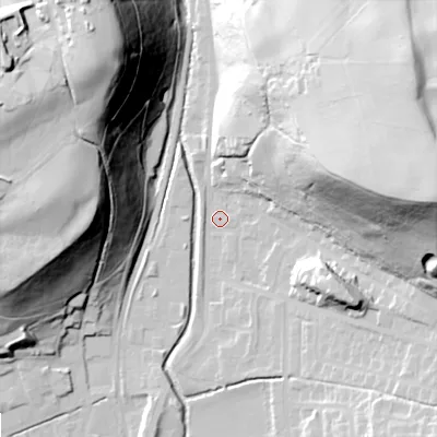 Shaded relief map of the ground around OL28BL, computed from Environment Agency LiDAR. The ground here sits at about 171 m above sea level and falls 76 m across the surrounding 800 m. Surface water reaching this point runs off ground lying to the east, 68.3 m higher.