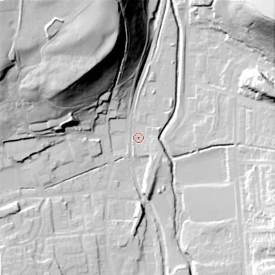 Shaded relief map of the ground around OL28BQ, computed from Environment Agency LiDAR. The ground here sits at about 172 m above sea level and falls 56 m across the surrounding 800 m. Surface water reaching this point runs off ground lying to the south, 5.9 m higher.