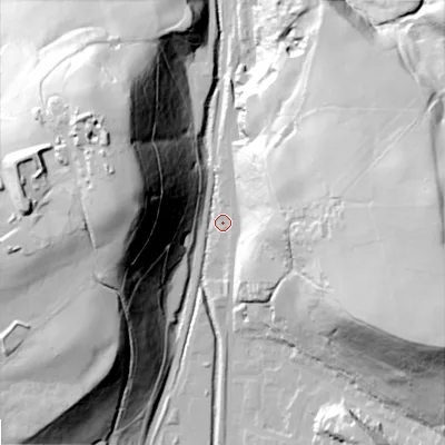 Shaded relief map of the ground around OL28BU, computed from Environment Agency LiDAR. The ground here sits at about 170 m above sea level and falls 78 m across the surrounding 800 m. Surface water reaching this point runs off ground lying to the west-north-west, 75.0 m higher.