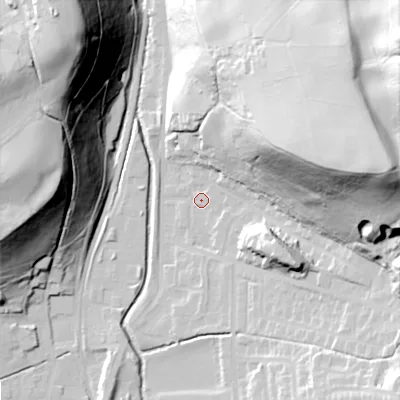 Shaded relief map of the ground around OL28DA, computed from Environment Agency LiDAR. The ground here sits at about 171 m above sea level and falls 76 m across the surrounding 800 m. Surface water reaching this point runs off ground lying to the east-north-east, 69.8 m higher.