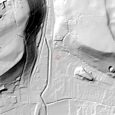 Shaded relief map of the ground around OL28DB, computed from Environment Agency LiDAR. The ground here sits at about 171 m above sea level and falls 76 m across the surrounding 800 m. Surface water reaching this point runs off ground lying to the south, 1.3 m higher.