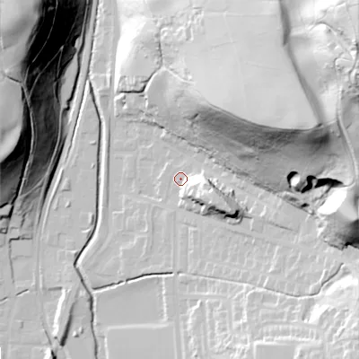 Shaded relief map of the ground around OL28DD, computed from Environment Agency LiDAR. The ground here sits at about 173 m above sea level and falls 93 m across the surrounding 800 m. Surface water reaching this point runs off ground lying to the east-south-east, 15.8 m higher.