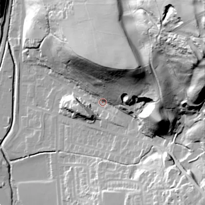 Shaded relief map of the ground around OL28DE, computed from Environment Agency LiDAR. The ground here sits at about 179 m above sea level and falls 112 m across the surrounding 800 m. Surface water reaching this point runs off ground lying to the north-east, 62.7 m higher.
