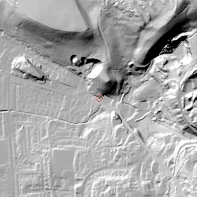 Shaded relief map of the ground around OL28DF, computed from Environment Agency LiDAR. The ground here sits at about 187 m above sea level and falls 125 m across the surrounding 800 m. Surface water reaching this point runs off ground lying to the north-east, 110.8 m higher.