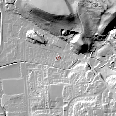 Shaded relief map of the ground around OL28DG, computed from Environment Agency LiDAR. The ground here sits at about 181 m above sea level and falls 112 m across the surrounding 800 m. Surface water reaching this point runs off ground lying to the north-east, 99.4 m higher.