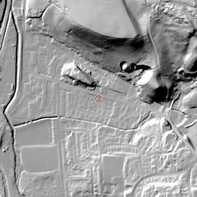 Shaded relief map of the ground around OL28DN, computed from Environment Agency LiDAR. The ground here sits at about 178 m above sea level and falls 106 m across the surrounding 800 m. Surface water reaching this point runs off ground lying to the north-north-east, 61.7 m higher.