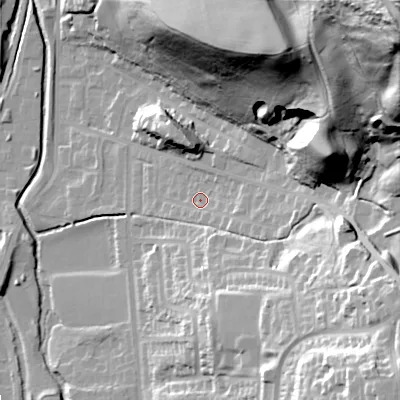 Shaded relief map of the ground around OL28DQ, computed from Environment Agency LiDAR. The ground here sits at about 177 m above sea level and falls 101 m across the surrounding 800 m. Surface water reaching this point runs off ground lying to the north-east, 89.1 m higher.