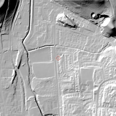 Shaded relief map of the ground around OL28DR, computed from Environment Agency LiDAR. The ground here sits at about 175 m above sea level and falls 68 m across the surrounding 800 m. Surface water reaching this point runs off ground lying to the south-east, 39.9 m higher.