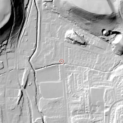 Shaded relief map of the ground around OL28DS, computed from Environment Agency LiDAR. The ground here sits at about 174 m above sea level and falls 74 m across the surrounding 800 m. Surface water reaching this point runs off ground lying to the south-east, 36.9 m higher.