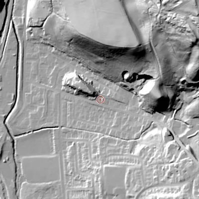 Shaded relief map of the ground around OL28DW, computed from Environment Agency LiDAR. The ground here sits at about 179 m above sea level and falls 107 m across the surrounding 800 m. Surface water reaching this point runs off ground lying to the north-east, 62.2 m higher.