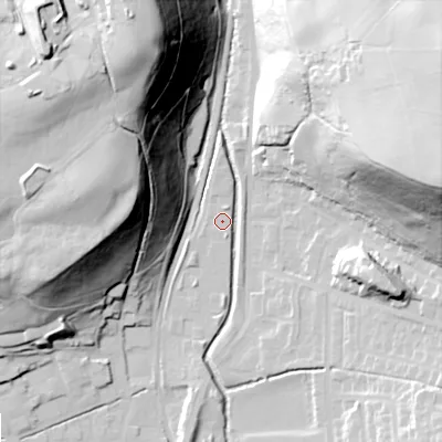 Shaded relief map of the ground around OL28ED, computed from Environment Agency LiDAR. The ground here sits at about 171 m above sea level and falls 76 m across the surrounding 800 m. Surface water reaching this point runs off ground lying to the east-north-east, 63.9 m higher.