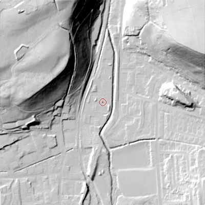 Shaded relief map of the ground around OL28EE, computed from Environment Agency LiDAR. The ground here sits at about 171 m above sea level and falls 69 m across the surrounding 800 m. Surface water reaching this point runs off ground lying to the south-east, 1.6 m higher.