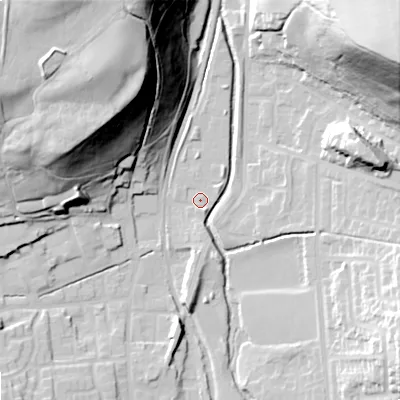 Shaded relief map of the ground around OL28EF, computed from Environment Agency LiDAR. The ground here sits at about 171 m above sea level and falls 61 m across the surrounding 800 m. Surface water reaching this point runs off ground lying to the north-west, 43.1 m higher.