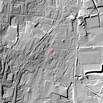 Shaded relief map of the ground around OL28EQ, computed from Environment Agency LiDAR. The ground here sits at about 179 m above sea level and falls 24 m across the surrounding 800 m. Surface water reaching this point runs off ground lying to the north-north-west, 1.6 m higher.
