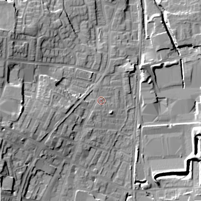Shaded relief map of the ground around OL28ER, computed from Environment Agency LiDAR. The ground here sits at about 177 m above sea level and falls 20 m across the surrounding 800 m. Surface water reaching this point runs off ground lying to the west-south-west, 7.0 m higher.